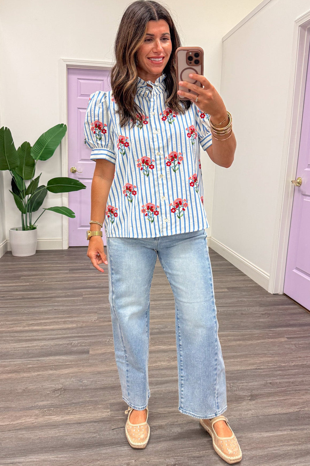 blue and white striped with red and pink embroidered flowers cuffed short puff sleeve button front top