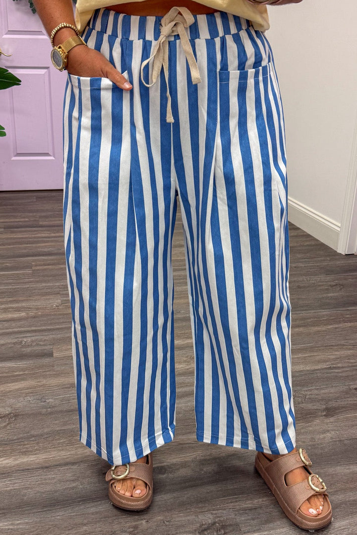 blue and white vertical striped elastic drawstring waist twill denim wide leg pants with front pockets