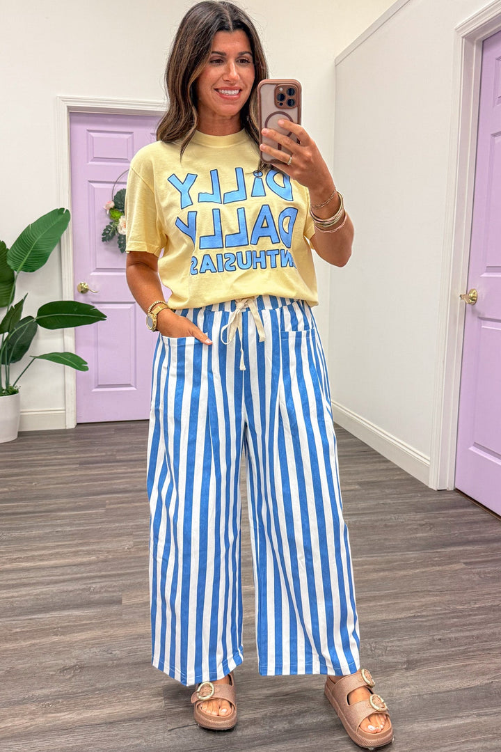 blue and white vertical striped elastic drawstring waist twill denim wide leg pants