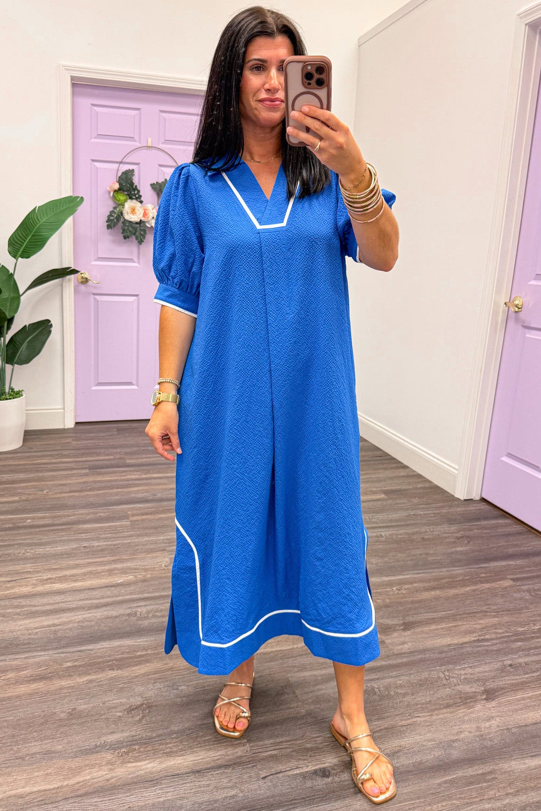 royal blue with white trim puff sleeve v neckline seersucker midi dress