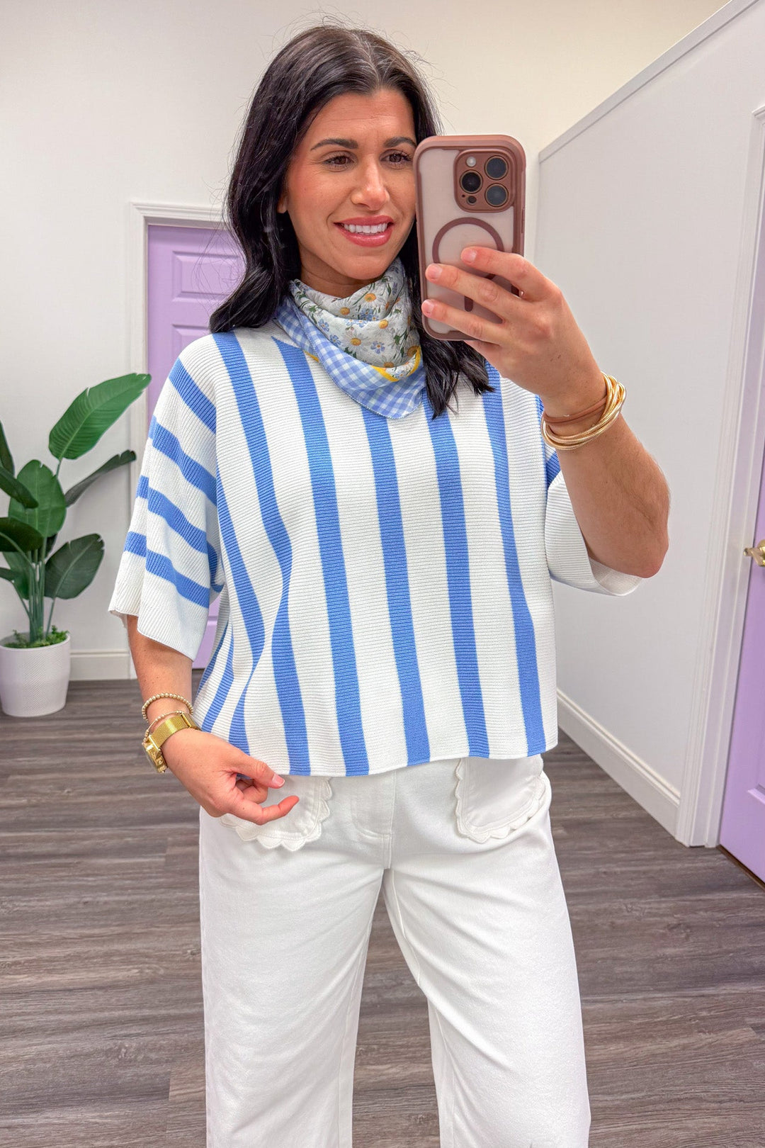 blue and off white vertical striped dolman sleeve knit top