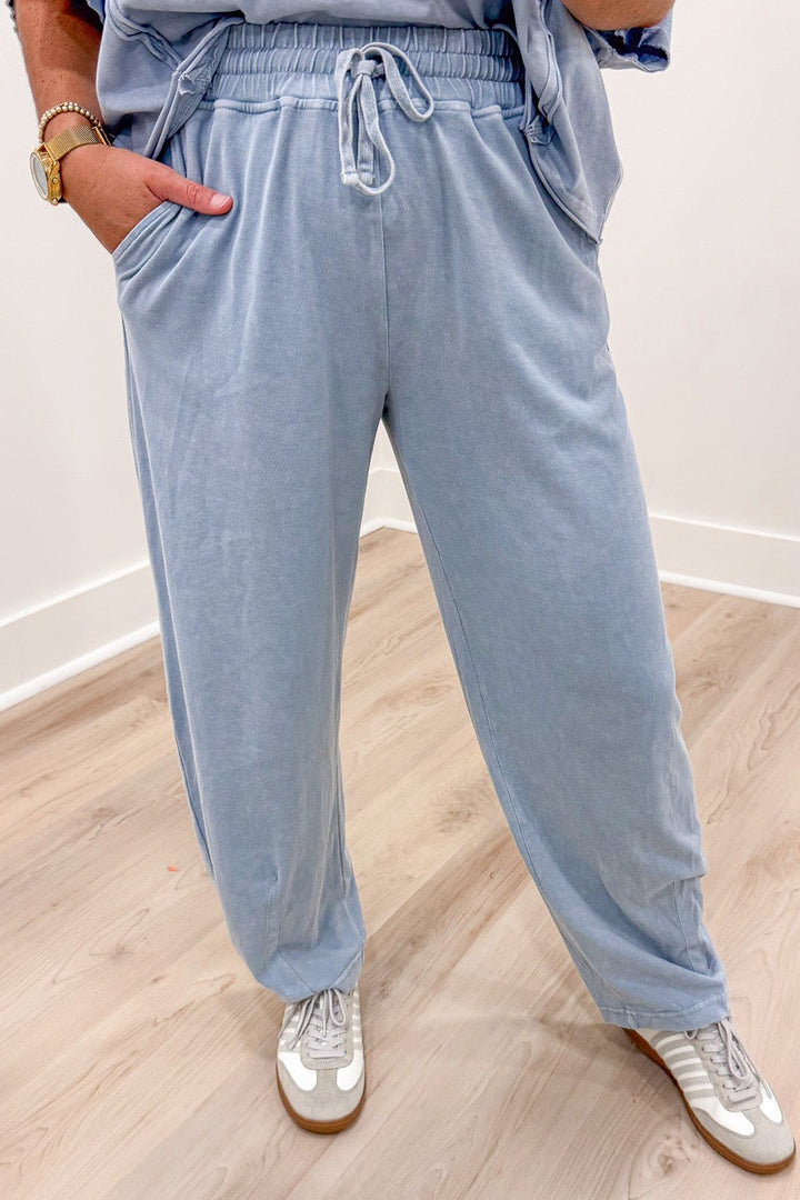 solid light blue elastic waist wide barrel leg lightweight knit pants with front pockets