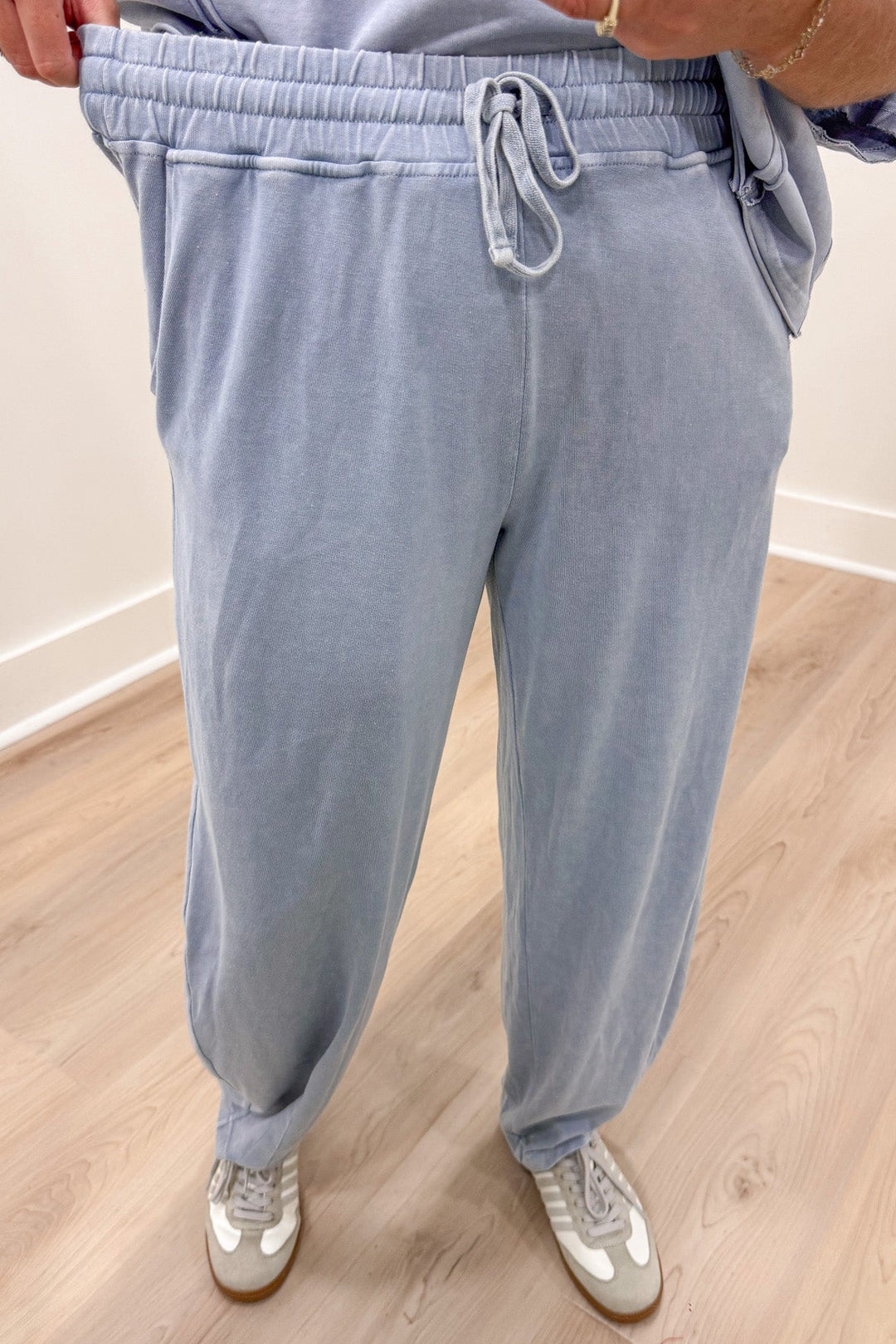 solid light blue drawstring elastic waist wide barrel leg lightweight knit pants