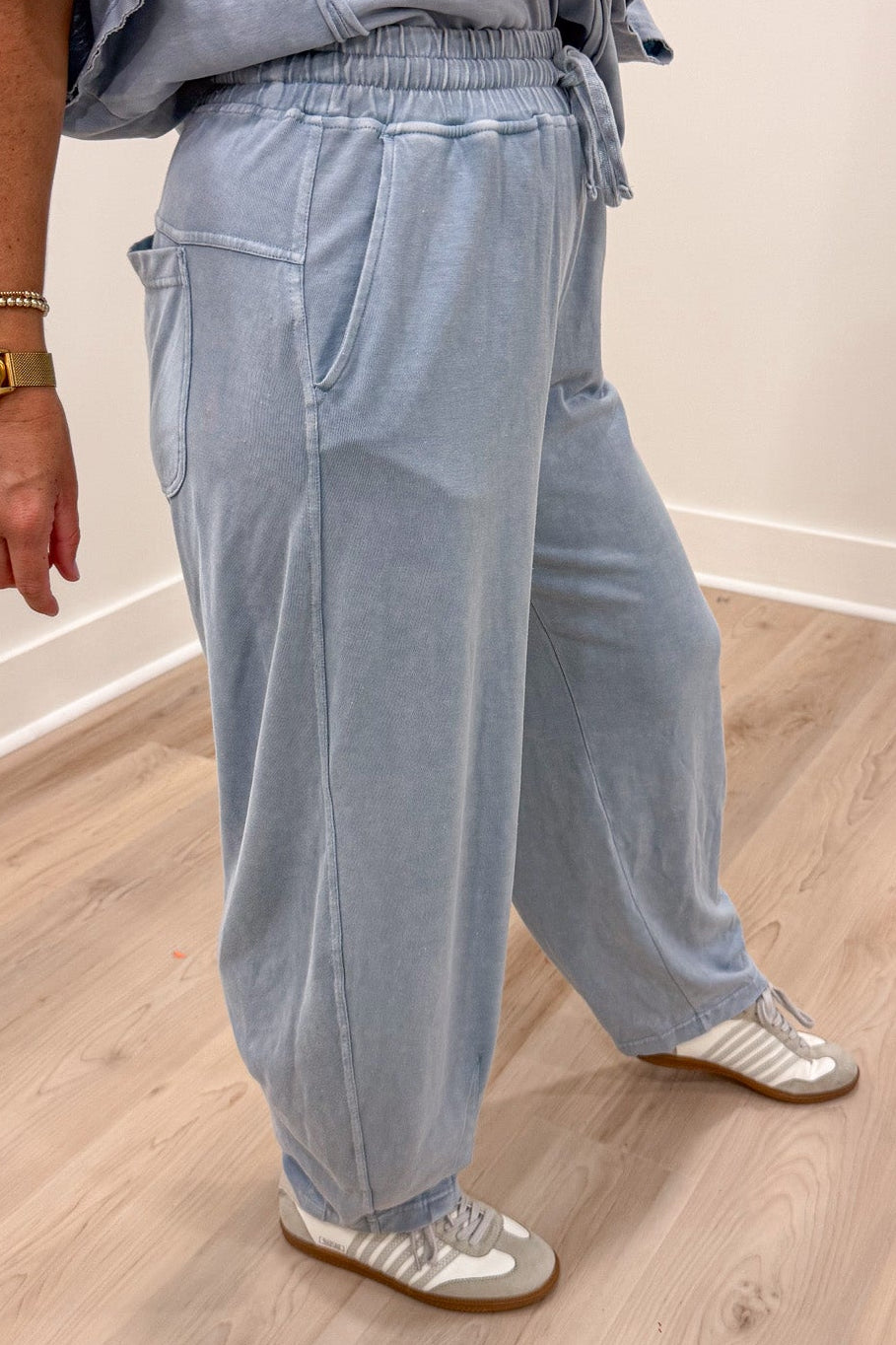 solid pale blue elastic waist wide barrel leg casual lightweight knit pants