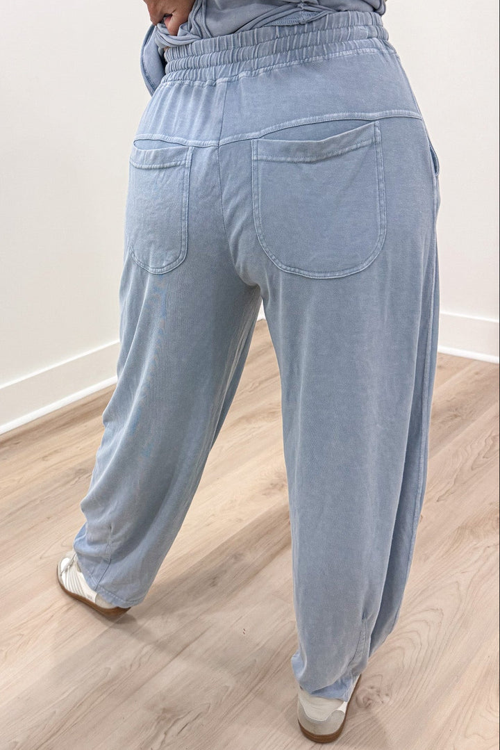 solid light blue elastic waist wide barrel leg lightweight knit pants with back pockets