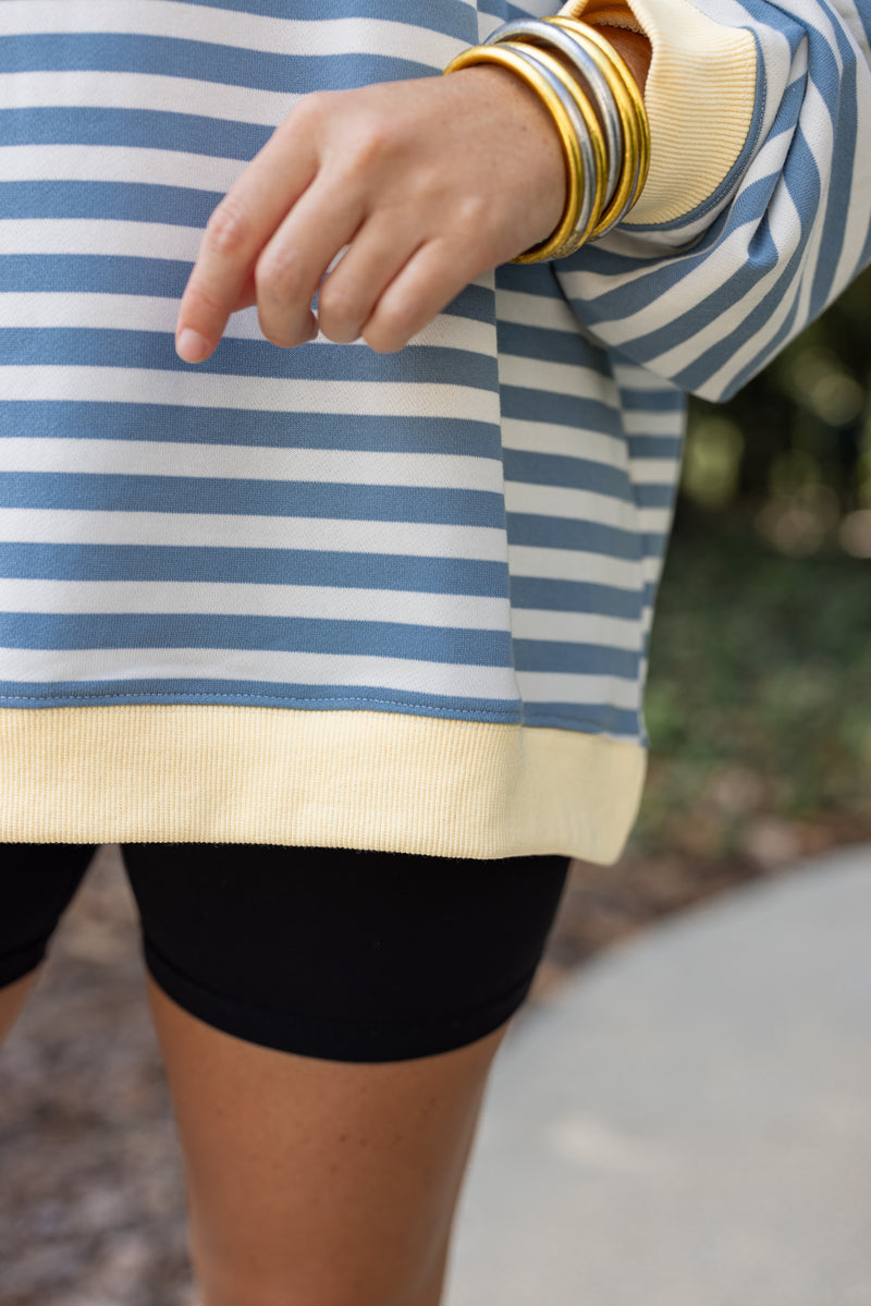 blue yellow striped crew pullover 