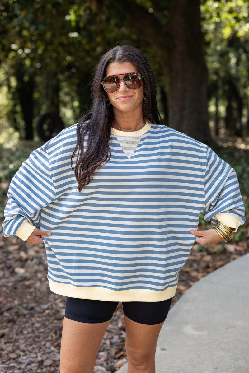 blue yellow striped crew pullover 