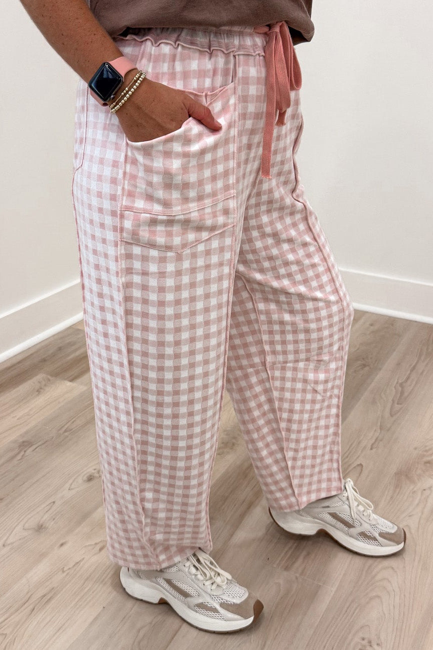 light blush pink and ivory gingham checkered print knit relaxed barrel leg drawstring pants