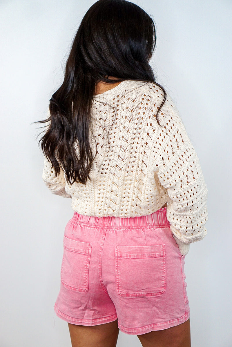 pink twill denim paperbag shorts