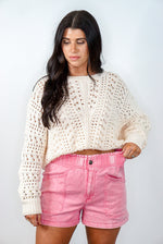 pink twill denim paperbag shorts