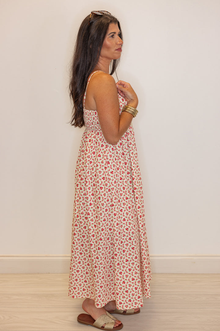 red dainty floral poplin summer midi dress