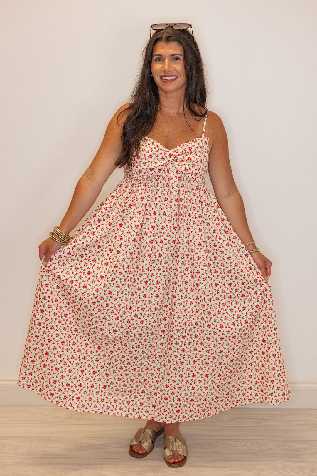 red dainty floral poplin summer dress