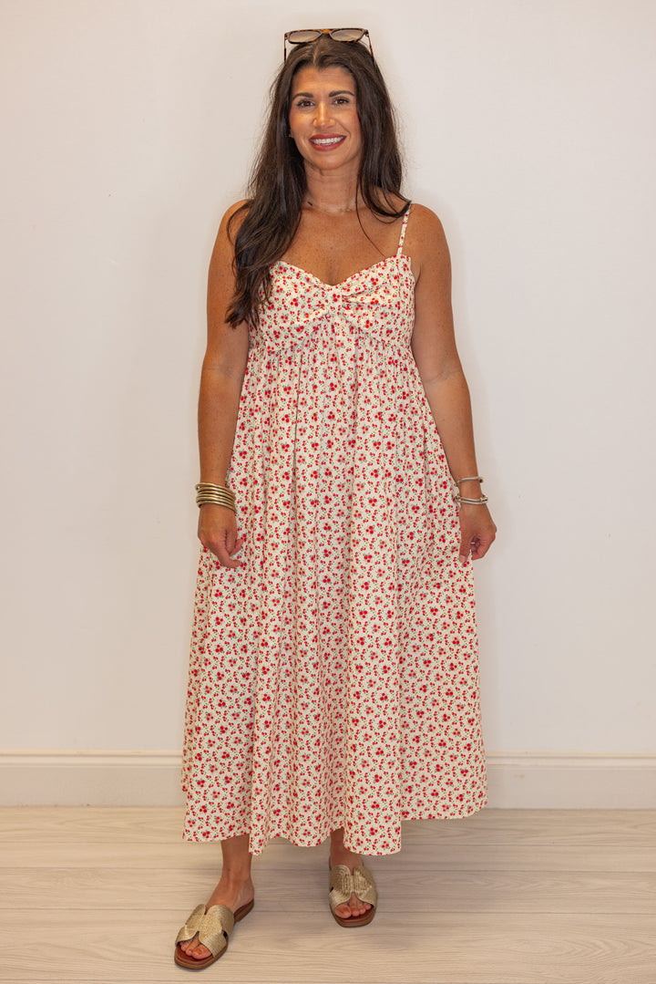 red dainty floral poplin summer midi dress