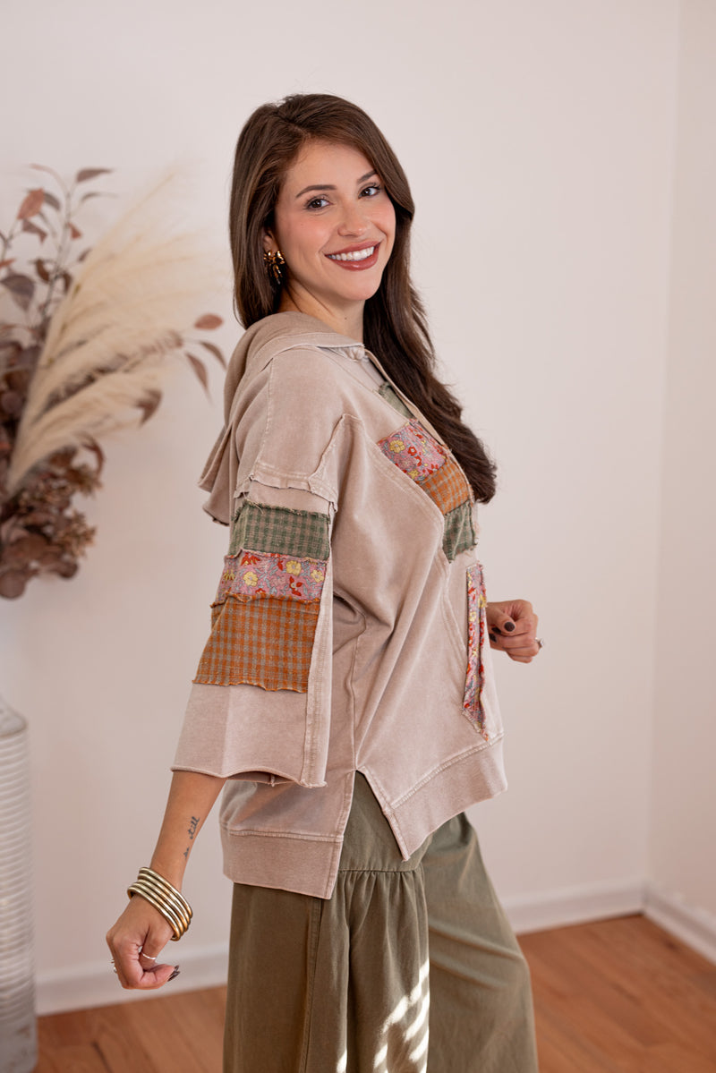 easel boho patchwork hooded top