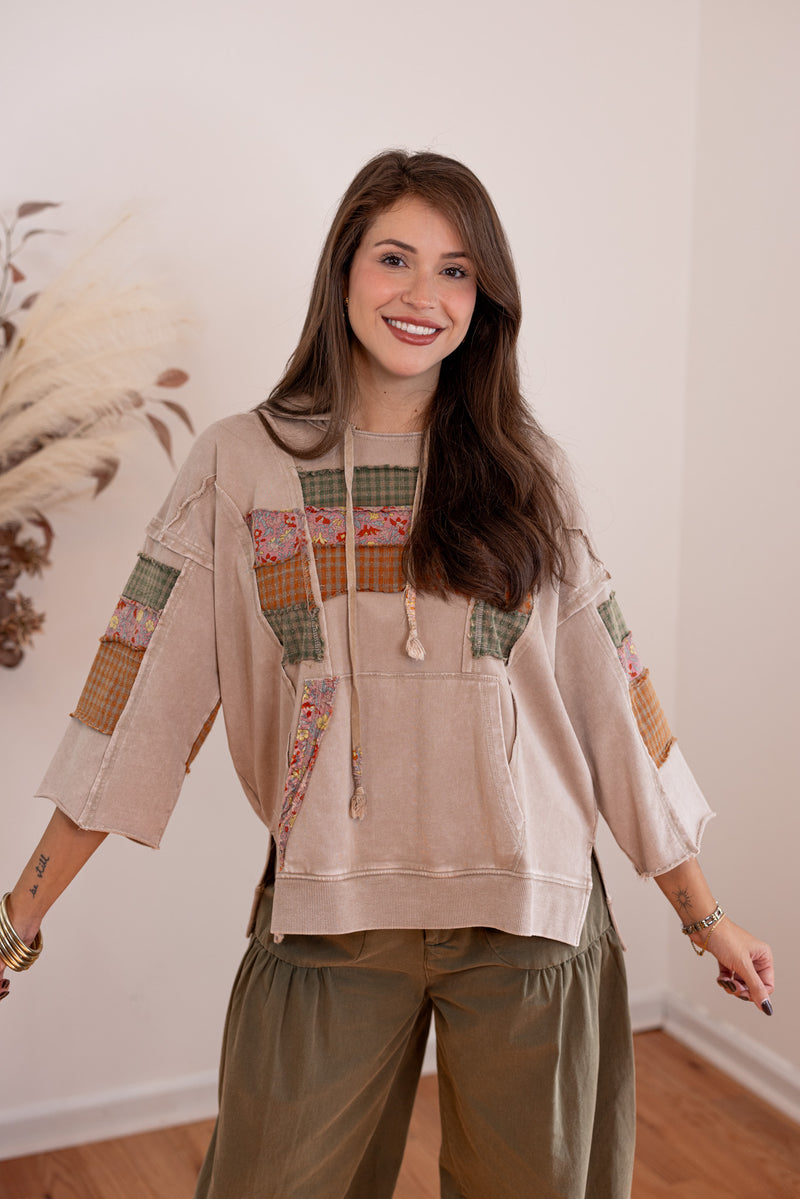 easel boho patchwork hooded top