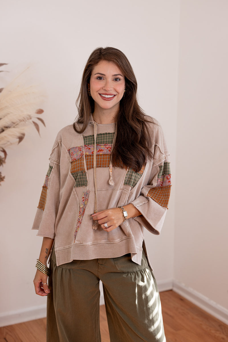 easel boho patchwork hooded top