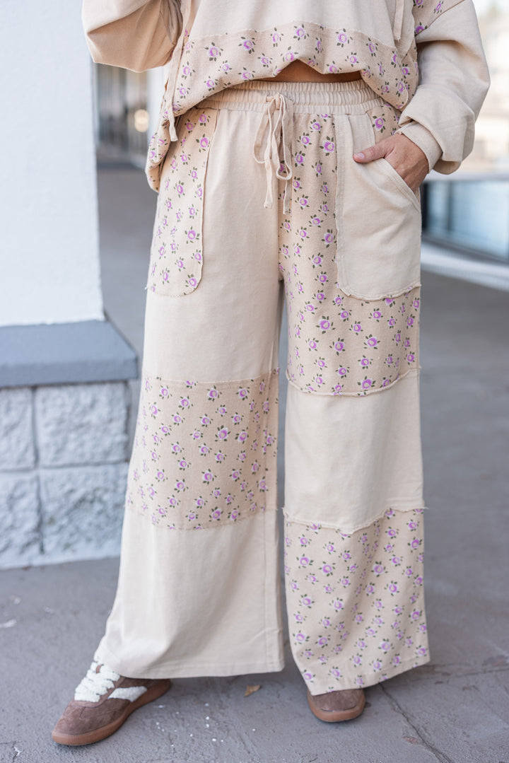 Women's washed khaki terry knit wide leg pants with pink floral print colorblock by Easel