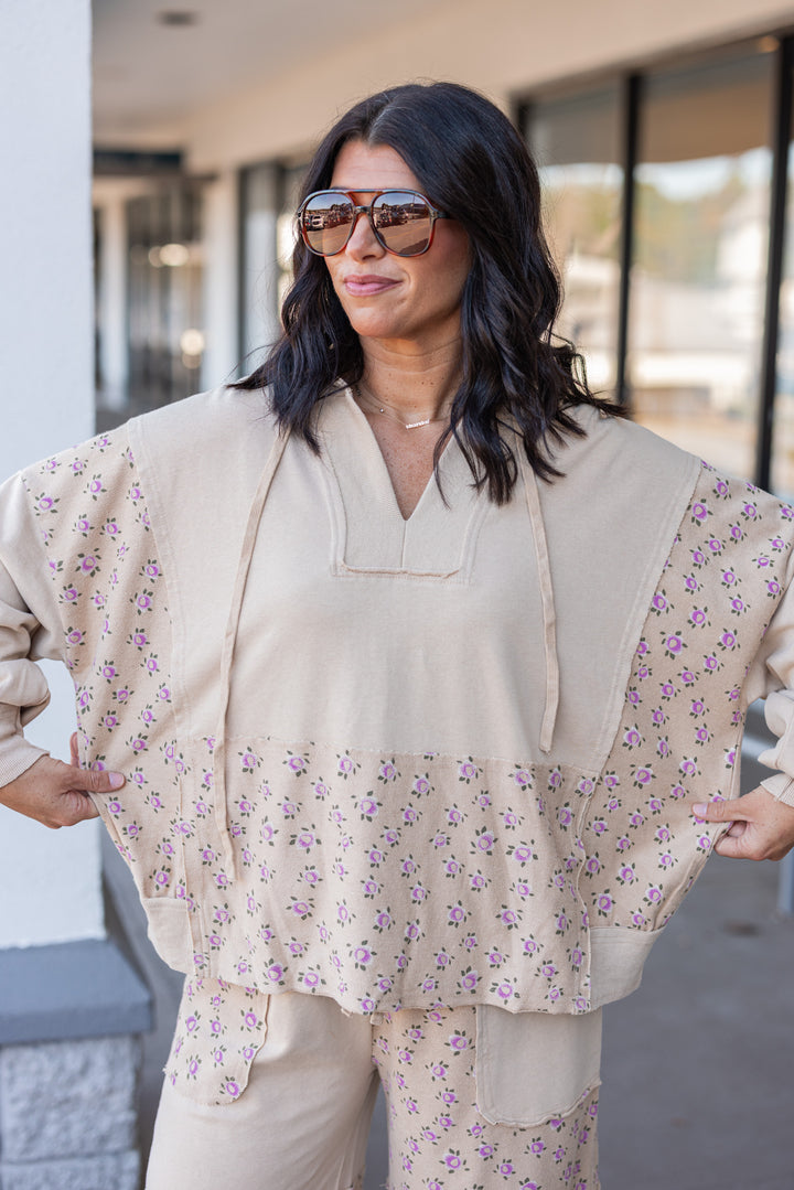 Women's washed khaki terry knit hooded pullover with pink floral print colorblock by Easel showing relaxed fit