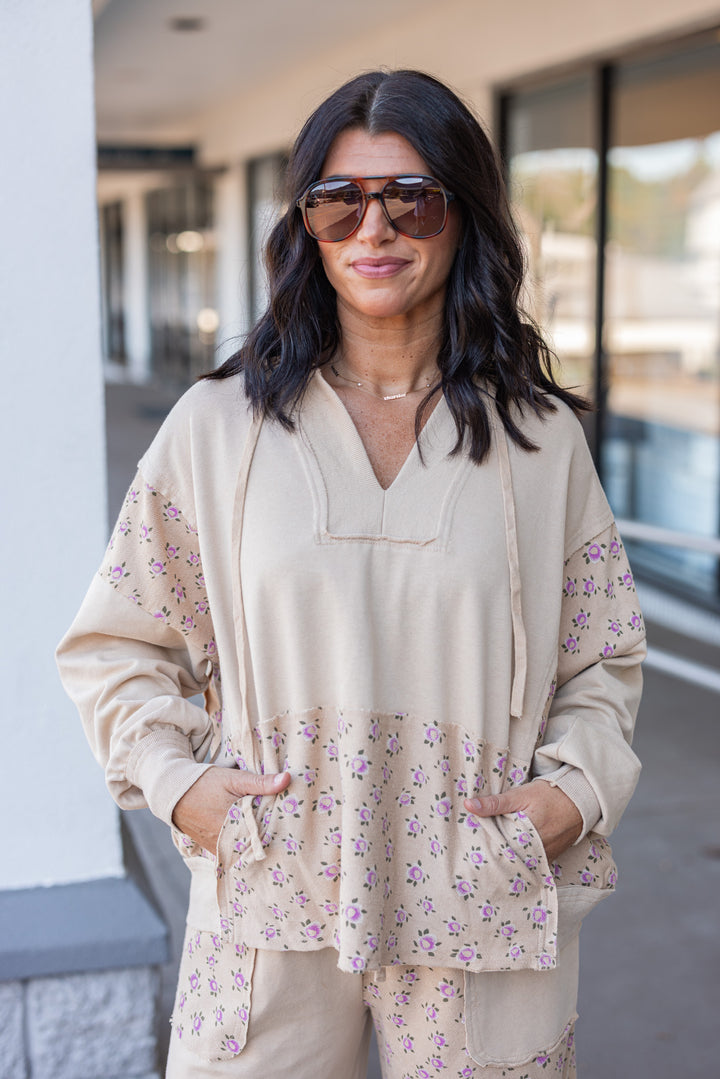 Women's washed khaki terry knit hooded pullover with pink floral print colorblock by Easel