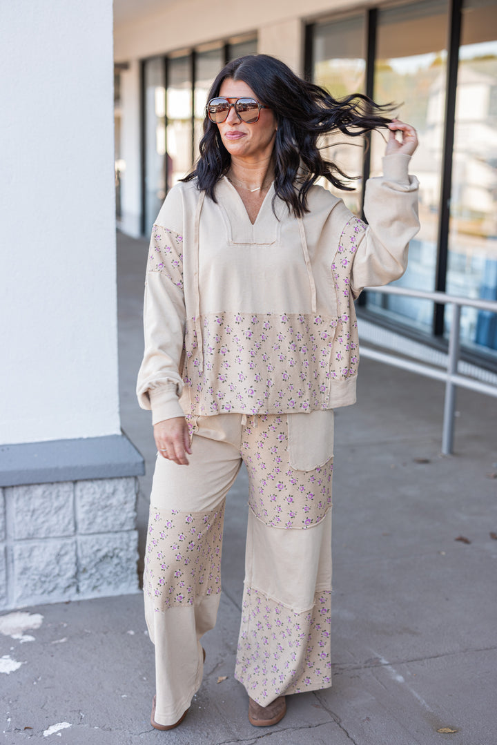 Women's washed khaki terry knit hooded pullover with pink floral print colorblock by Easel, perfect for cooler weather