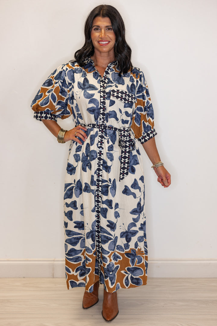 Women's cream, blue and caramel floral midi dress with navy and red floral trim by Entro showing full front view