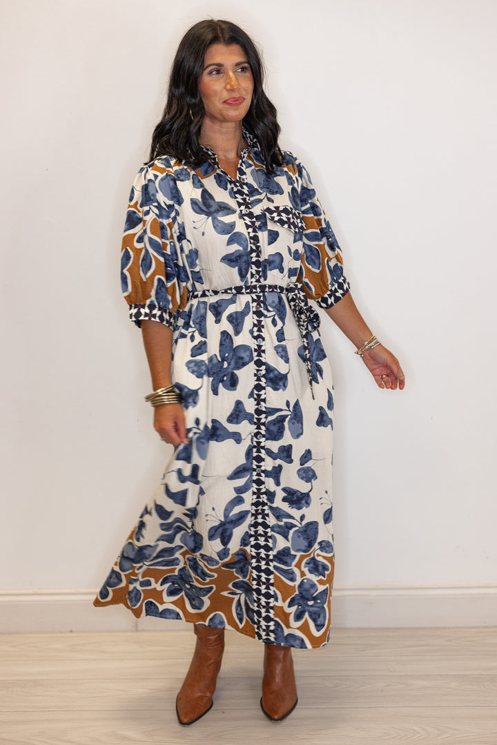 Women's cream, blue and caramel floral midi dress with navy and red floral trim by Entro