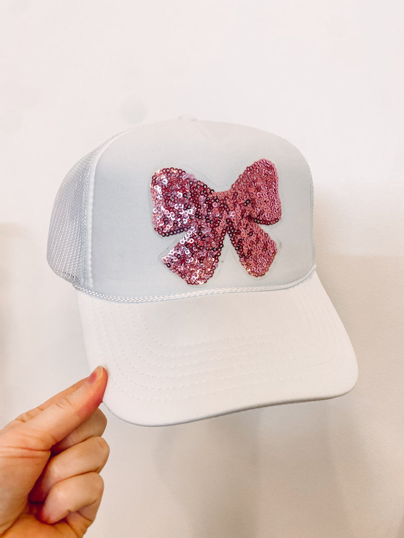 bow sequin white trucker hat