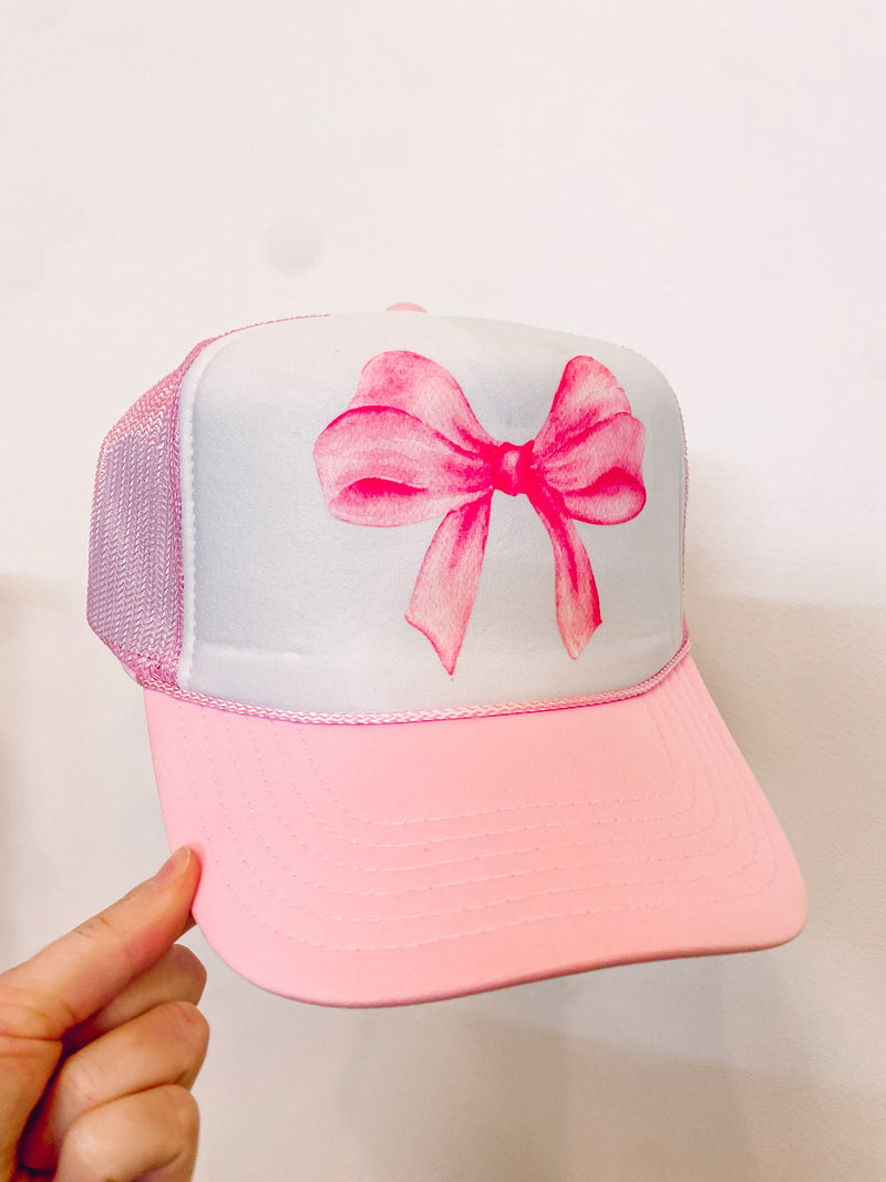 bow trucker hat white pink