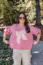 mauve bow tweed graphic tee top