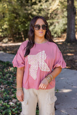 mauve bow tweed graphic tee top