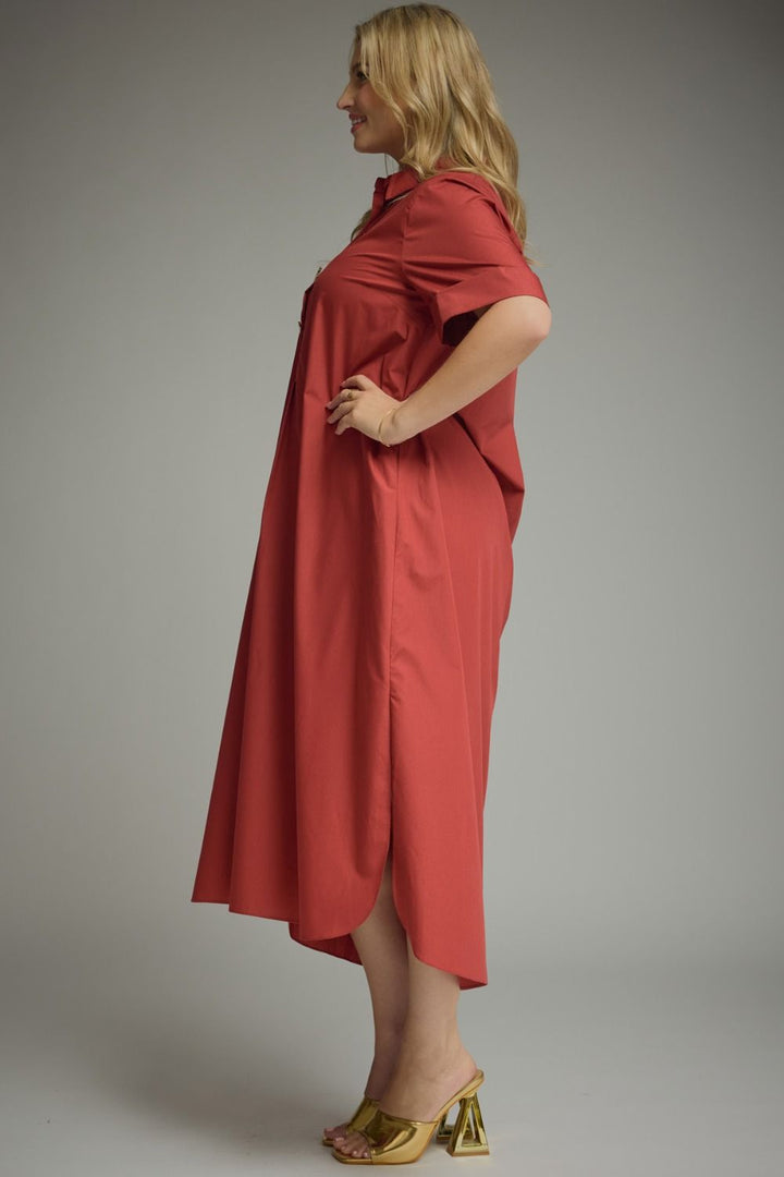 Entro plus size brick red midi dress with gold decorative snap bodice and collar in a flattering fit