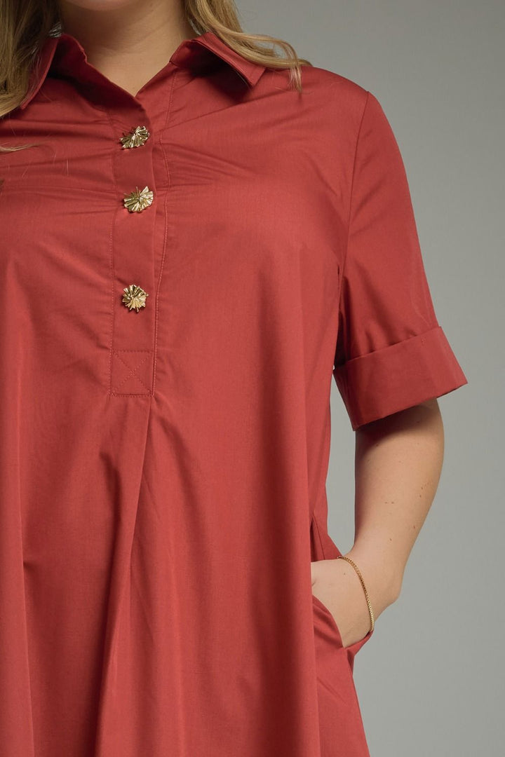Entro plus size brick red midi dress with gold decorative snap bodice and collar with short sleeves