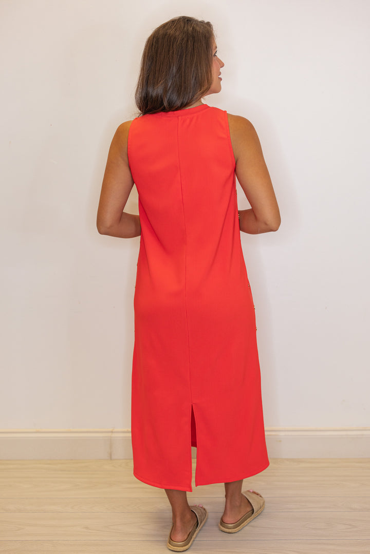 coral ribbed knit solid midi dress