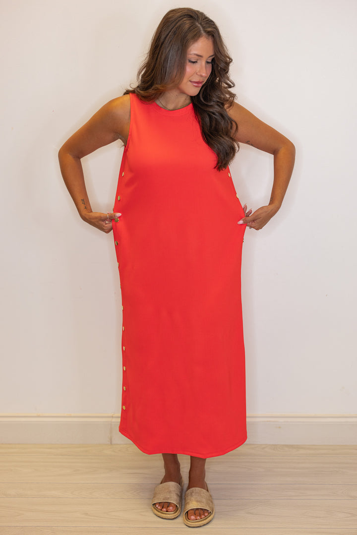 coral ribbed knit solid midi dress