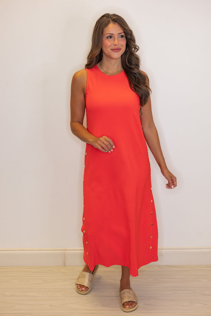 coral ribbed knit solid midi dress