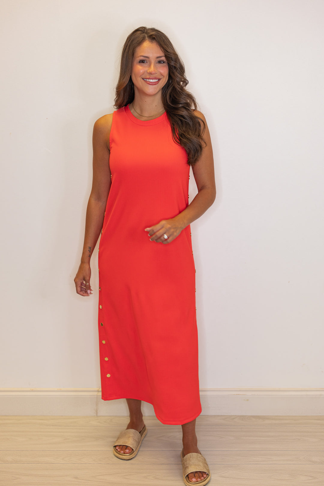 coral ribbed knit solid midi dress