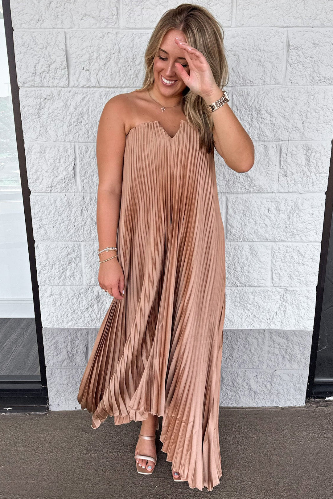 solid light bronze strapless square neckline satin asymmetrical hem pleated satin maxi dress
