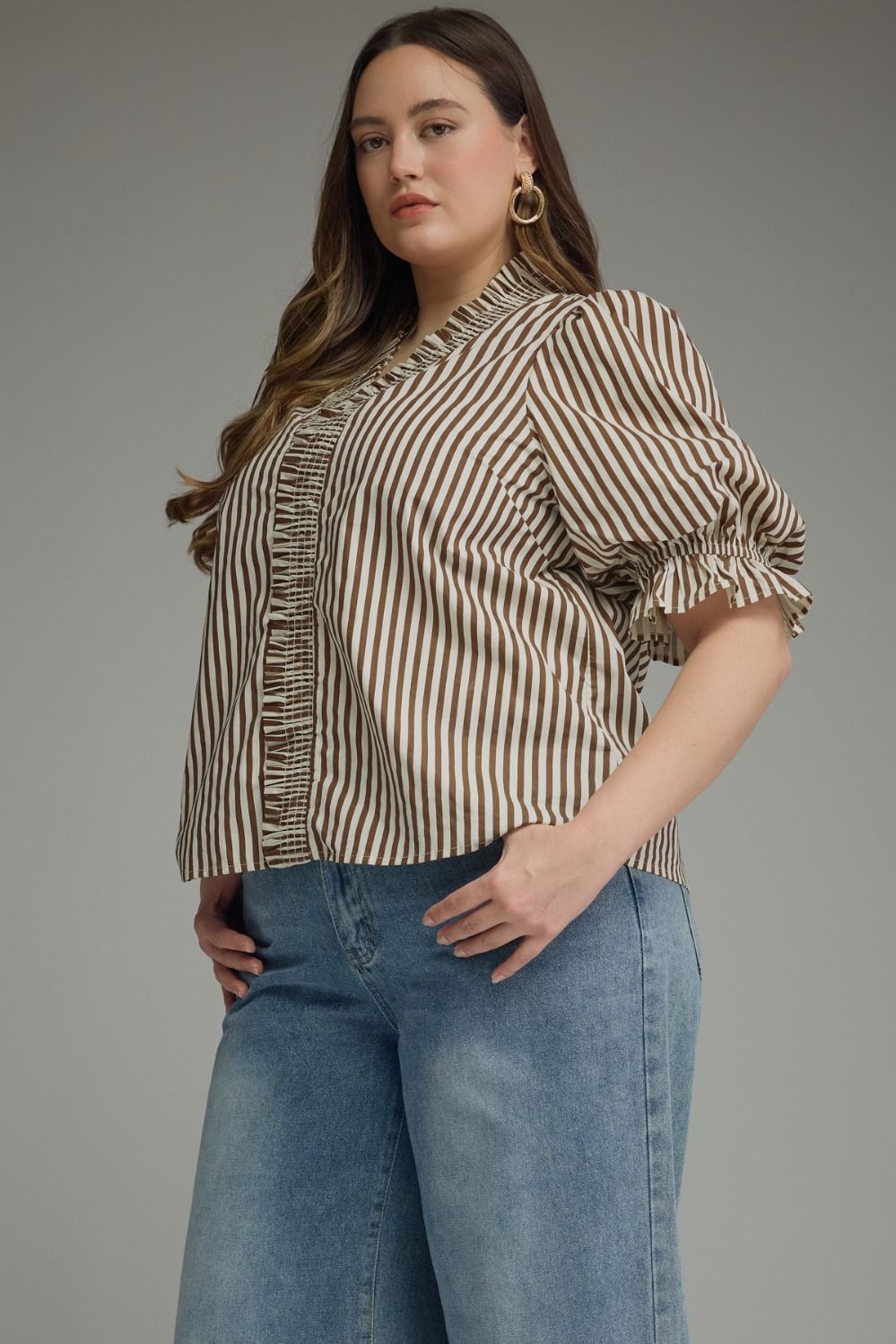 Entro brown and cream striped plus size top with smocked ruffle trim and puff sleeves