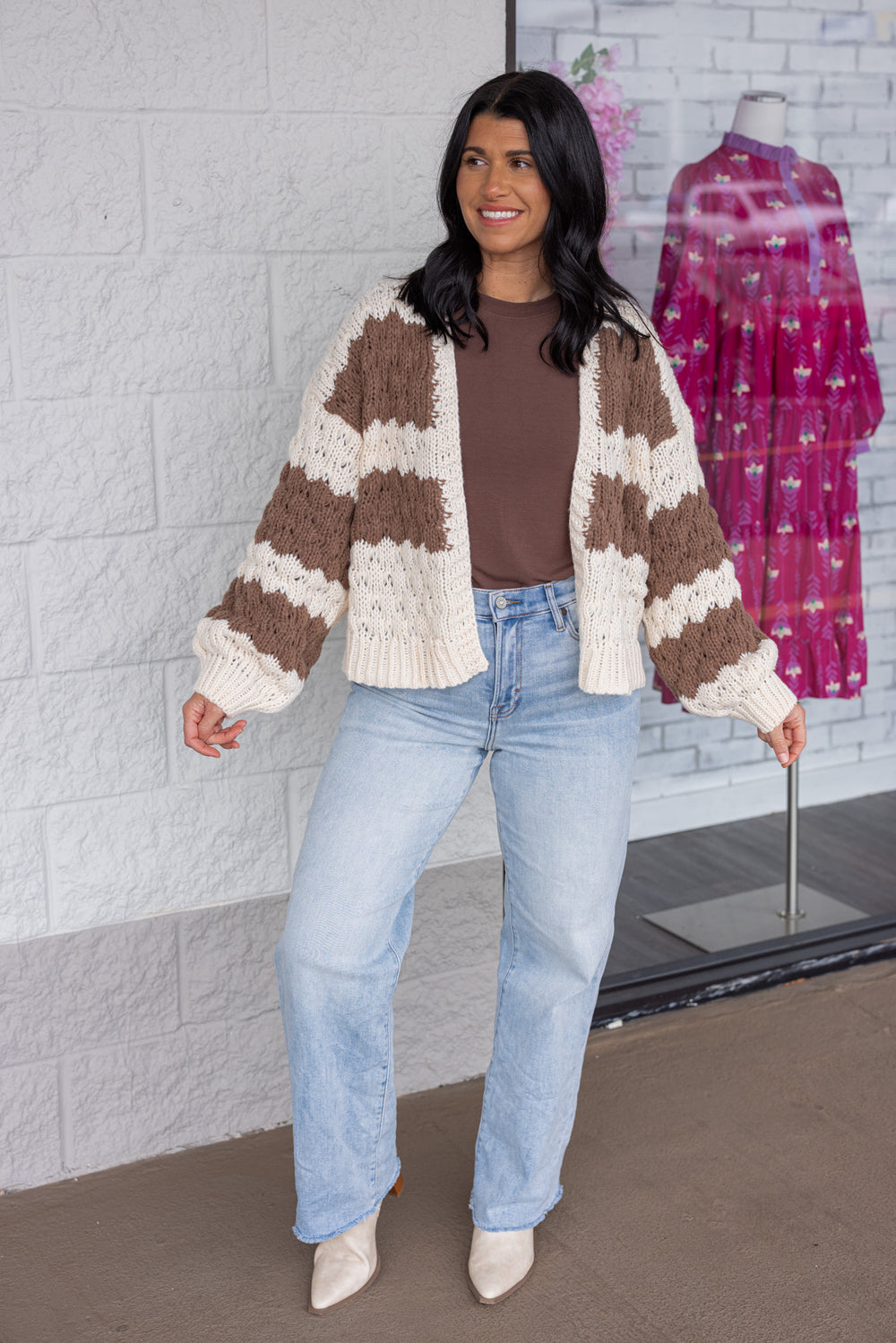 Women's cream and chocolate brown wide striped knit sweater cardigan by Wishlist showing full front view