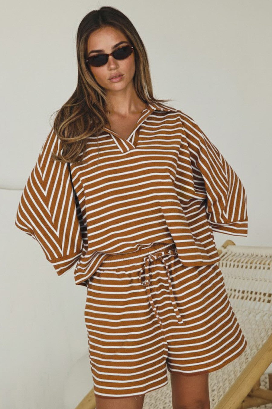 Brown and white striped terry knit plus size top and matching shorts set by Oddi