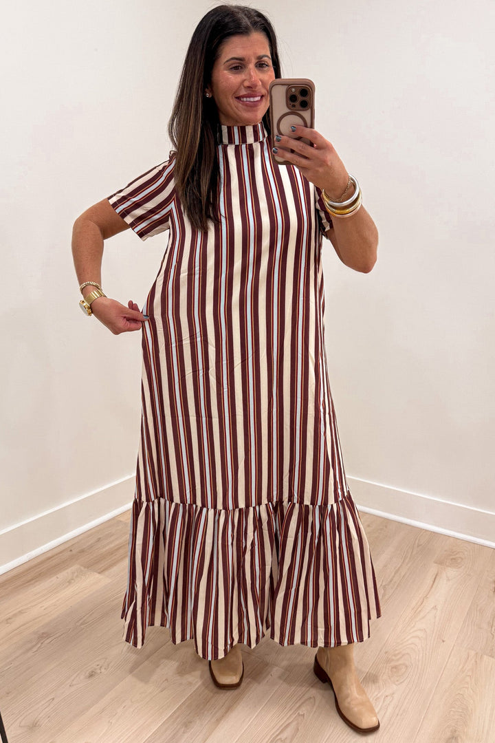 brown beige and pale blue striped short sleeve ruffle tiered hem relaxed silhouette midi dress