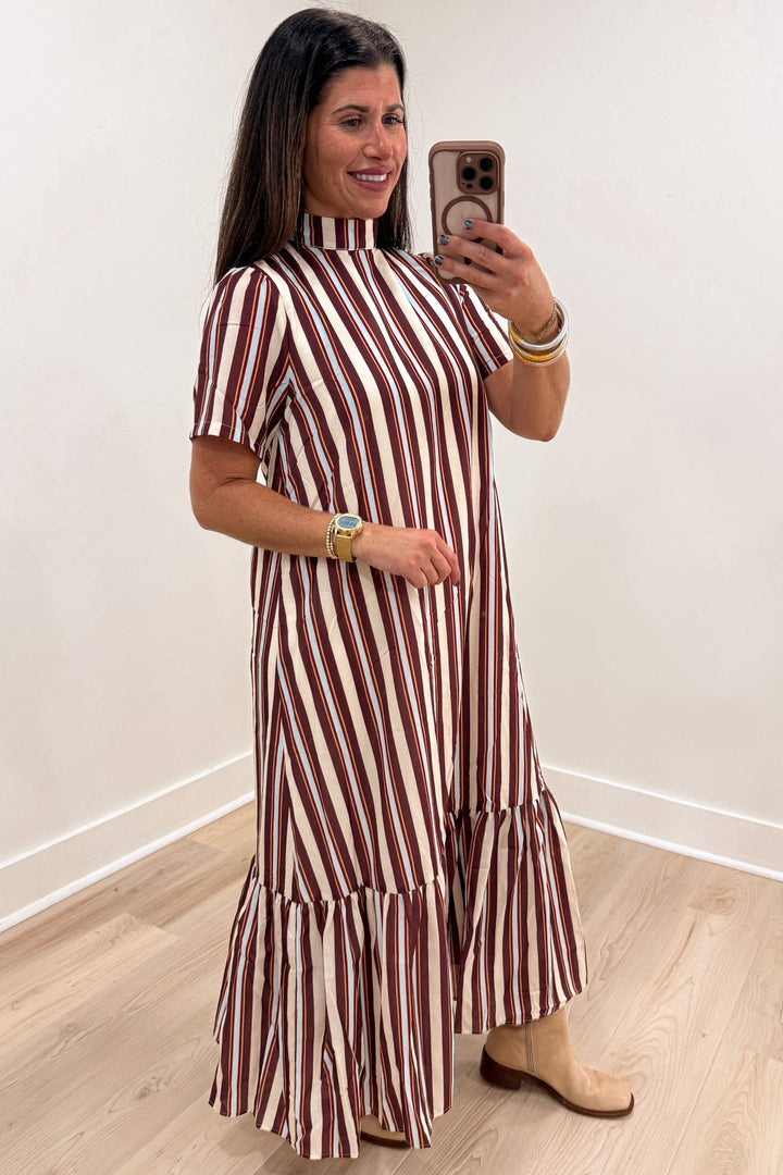 brown beige and pale blue striped short sleeve ruffle tiered bottom hem midi dress