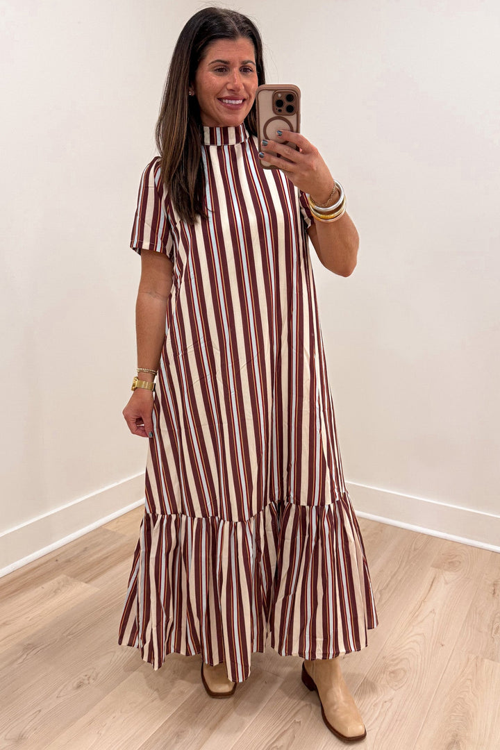 brown beige and pale blue striped short sleeve ruffle tiered hem midi dress