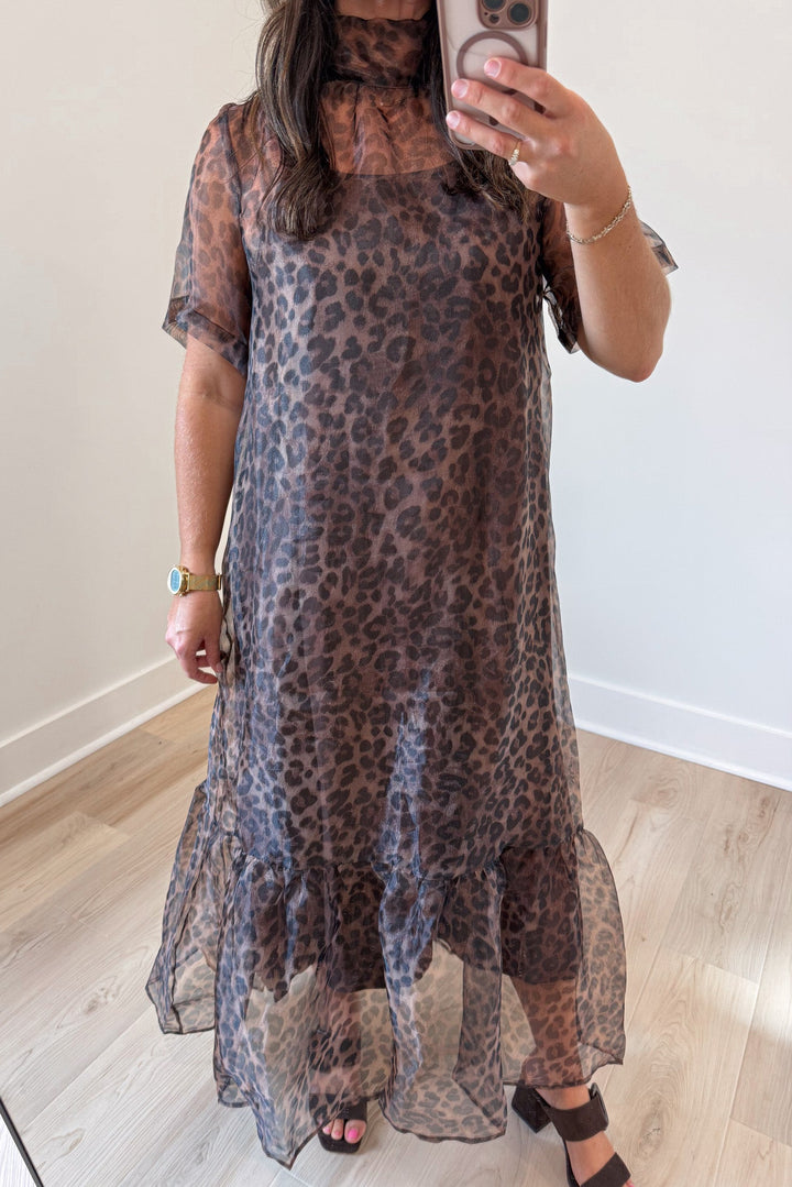 brown and black leopard print short sleeve mock neck flowy sheer overlay midi dress