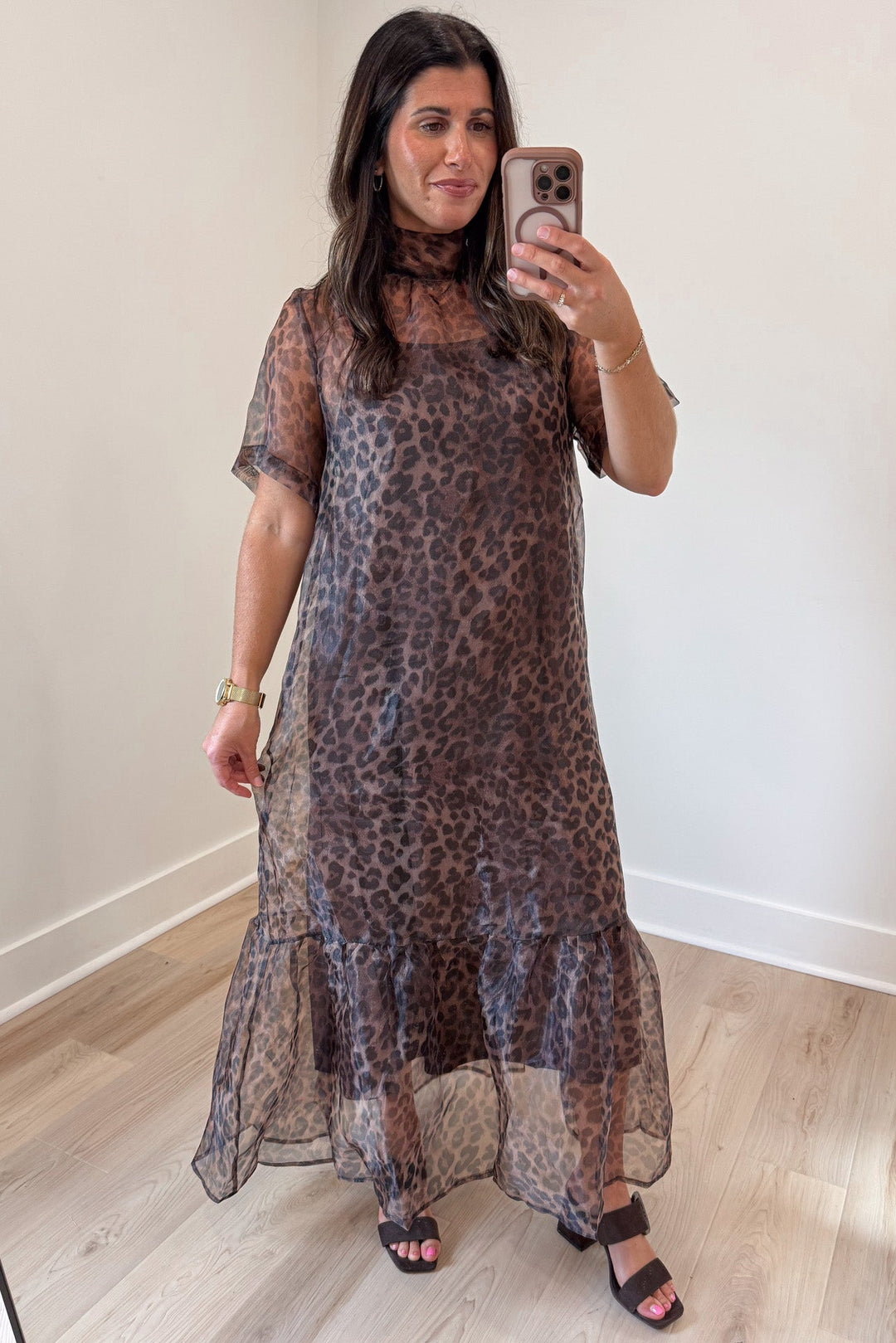 brown and black leopard print short sleeve relaxed fit sheer overlay midi dress