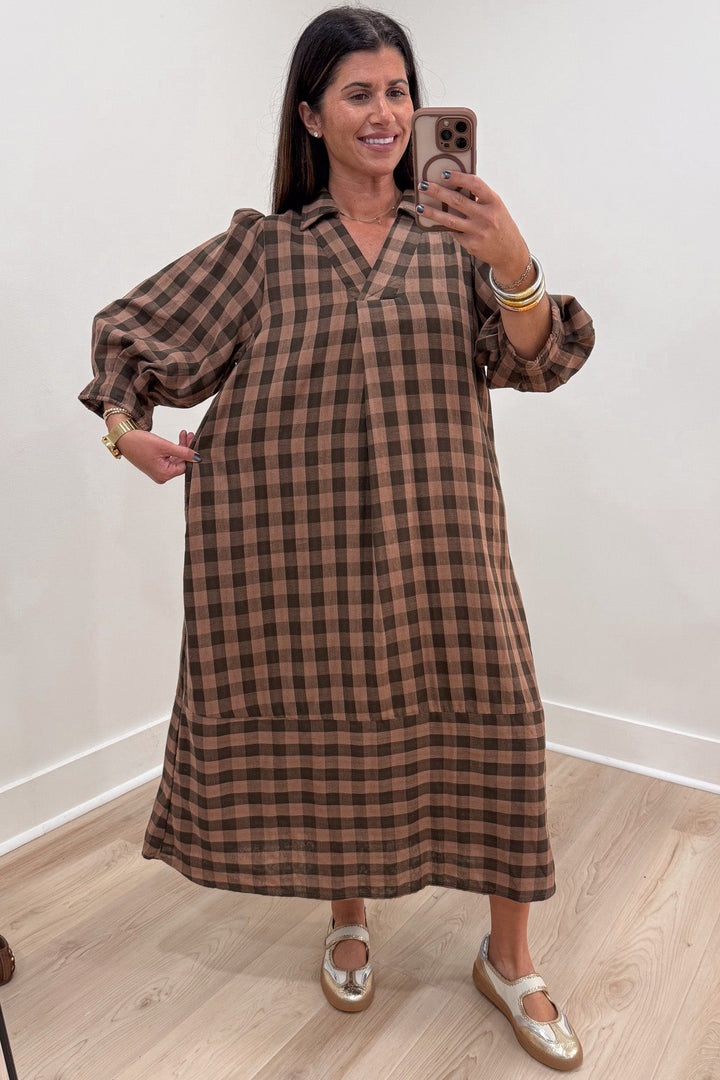 light brown and black plaid print balloon sleeve v neckline relaxed silhouette tiered cotton midi dress