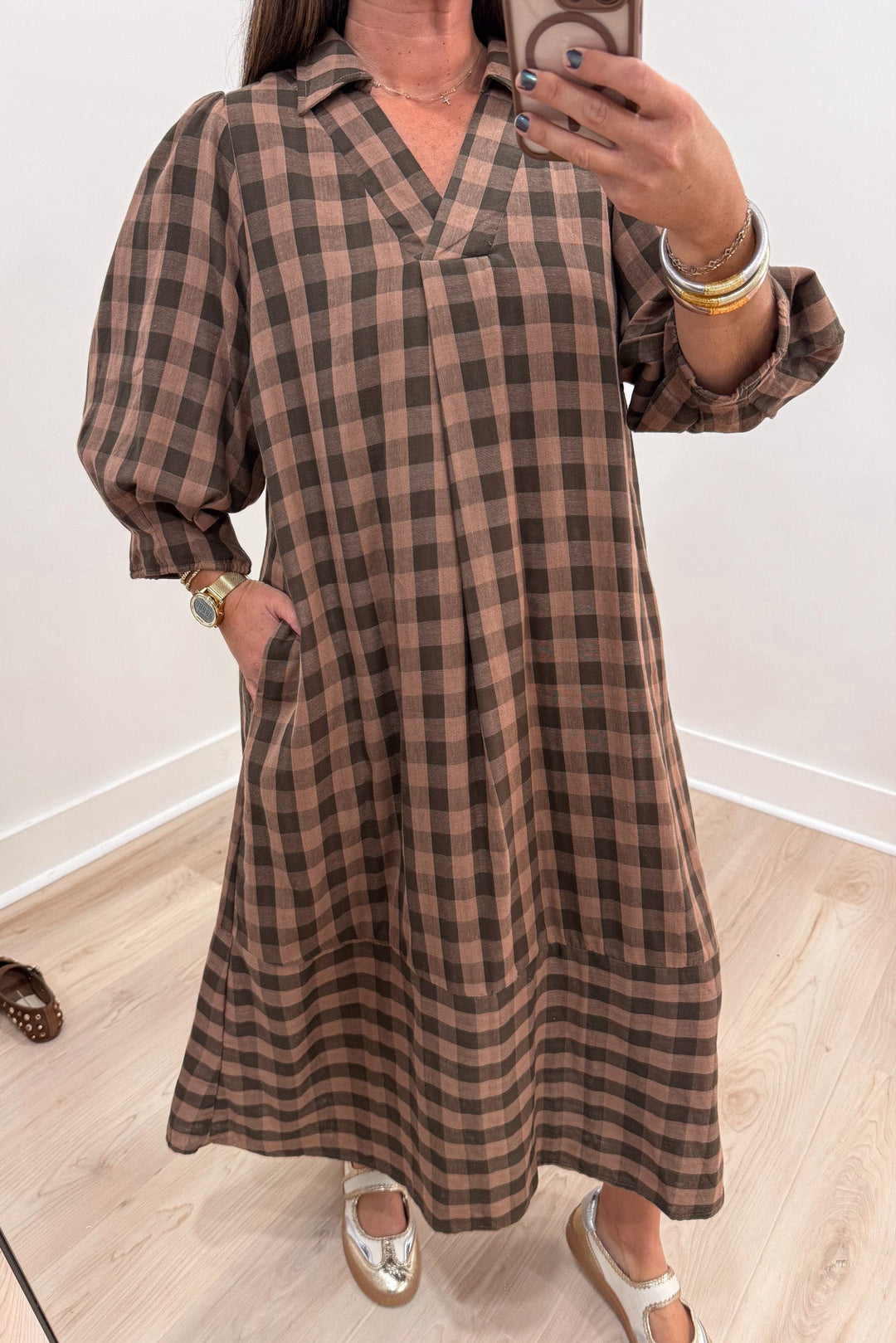 light brown and black plaid print balloon sleeve v neckline tiered cotton midi dress with side pockets
