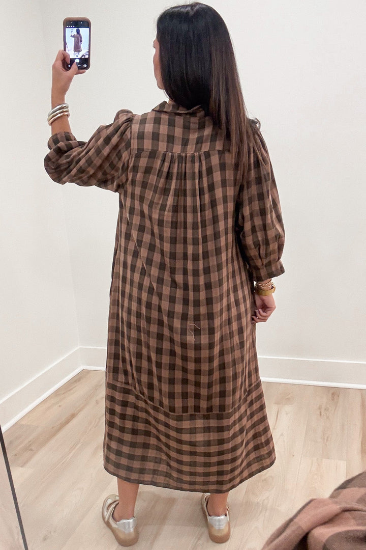 light brown and black plaid print balloon sleeve collared v neckline tiered cotton midi dress
