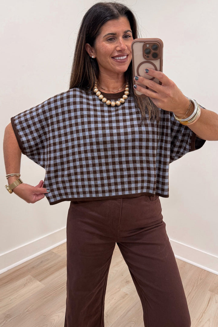 brown and light blue gingham checkered print short sleeve boxy silhouette semi-cropped top