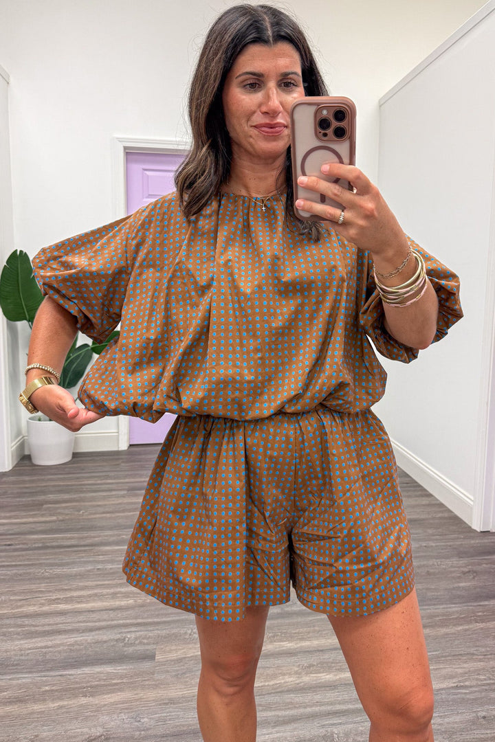 brown with small blue polka dot print bubble hem semi-cropped relaxed silhouette cotton poplin top